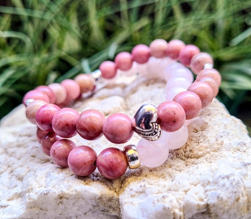 Rhodochrosite and Rose Quartz Gemstone Bracelet 8mm, Unconditional Love Stones