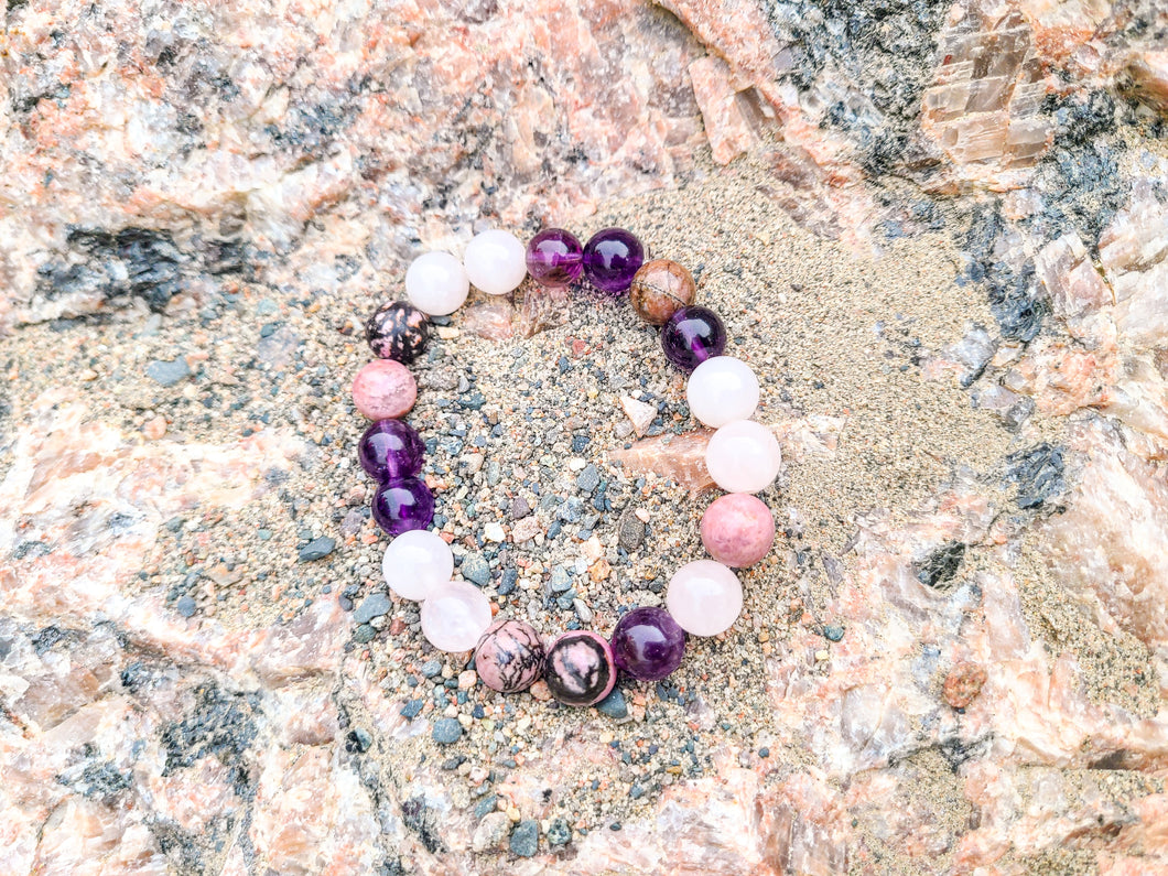 Rhodonite  Amethyst and Rose Quartz Bracelet, Compassion Bracelet