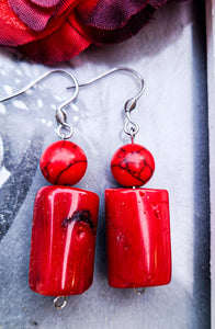 Red Coral and Howlite Earrings